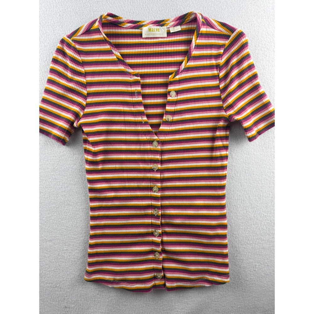 Maeve Anthropologie Womens XS Ribbed Striped Button Front Short Sleeve Top Pink‎